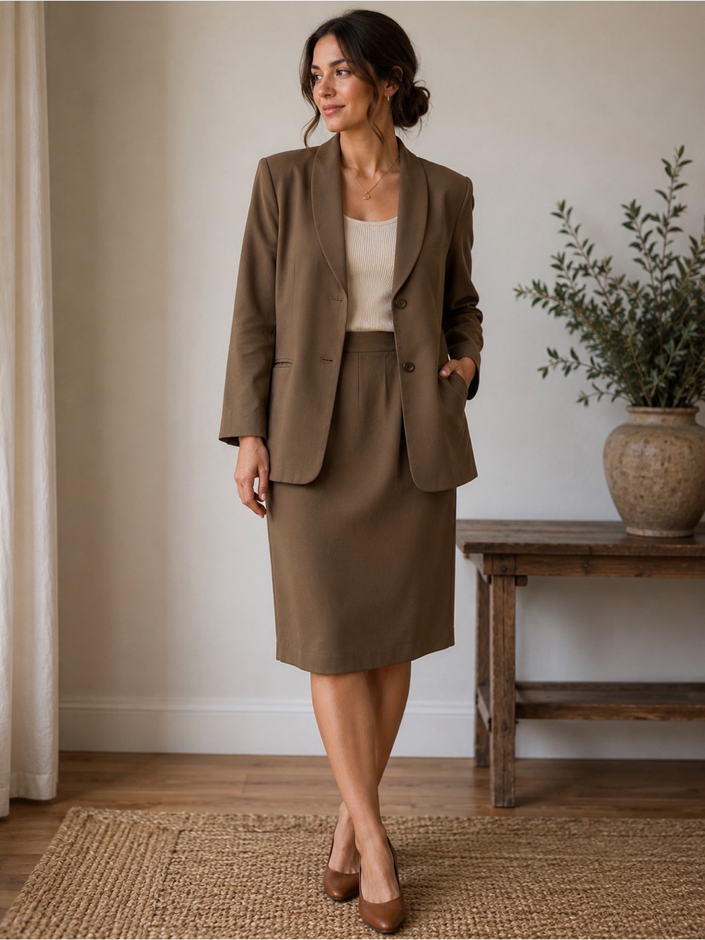 Classic Fawn Brown Jacket & Skirt Suit Set Women's Professional Wear